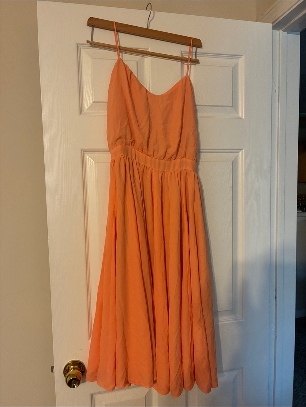 Paper Crown Coral-Orange Midi Dress with Spaghetti Straps